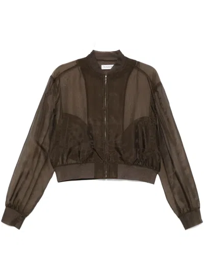 The Frankie Shop Micky Sheer Silk Zip-up Bomber Jacket In Brown