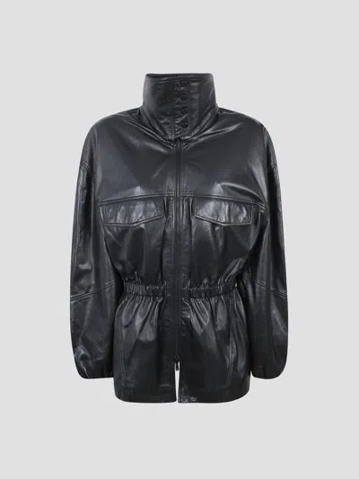 The Frankie Shop Mini Funnel Neck Leather Jacket In Black