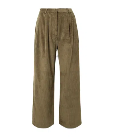 The Frankie Shop Norstrand Pleated Cotton-corduroy Straight-leg Pants In Green