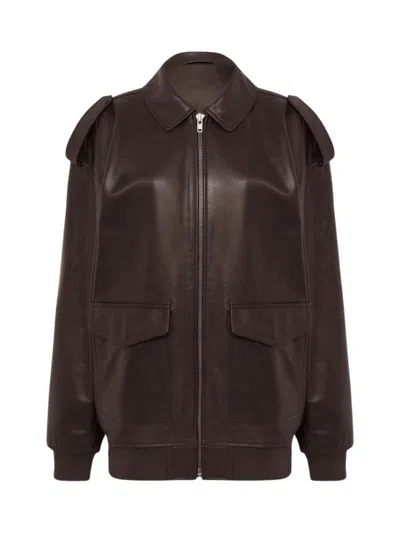The Frankie Shop Oversized Leather Jacket With Ribbed Trim In Brown