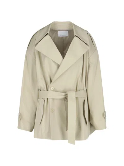 The Frankie Shop Oversized Short Trench Coat With Maxi Lapel In Neutral
