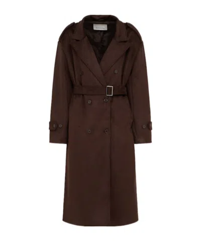 The Frankie Shop Pembroke Faux Suede Long Trench Coat In Brown
