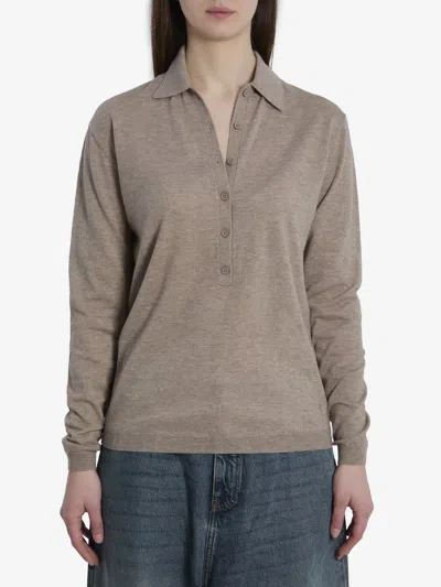 The Frankie Shop Tala Knit Vneck Polo In Brown