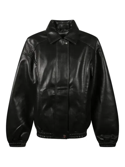 The Frankie Shop Womens Black Prescott Oversized Leather Bomber Jacket Xs
