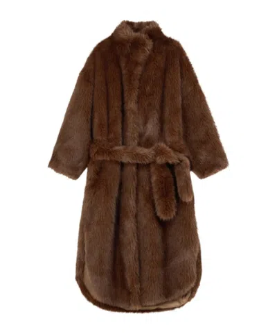 The Frankie Shop Ravello Belted Faux Fur Coat In Brown