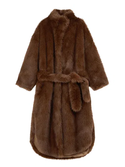 The Frankie Shop Ravello Faux Fur Jacket With High Collar In Brown
