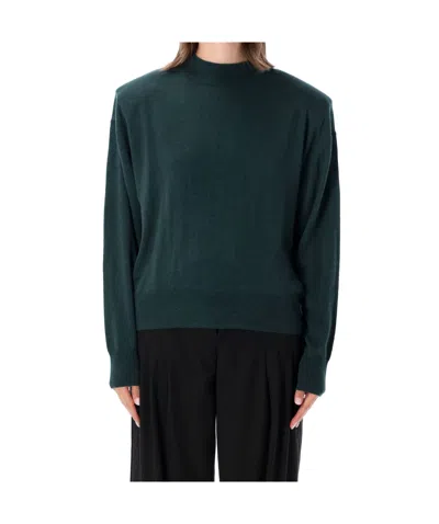 The Frankie Shop Ribbed Wool Turtleneck Knit Top With Shoulder Pads In Green