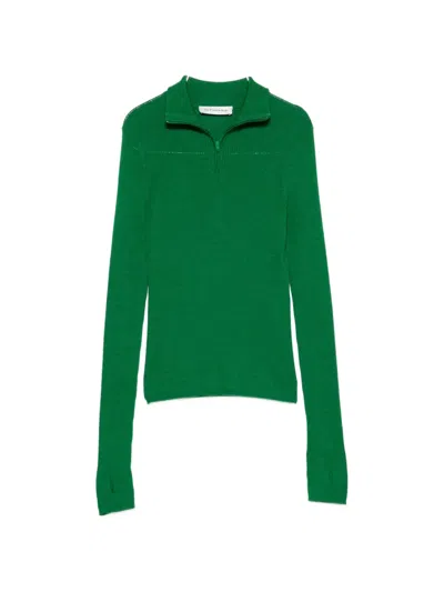 The Frankie Shop Sade Ribbed Wool And Silk-blend Half-zip Sweater In Green