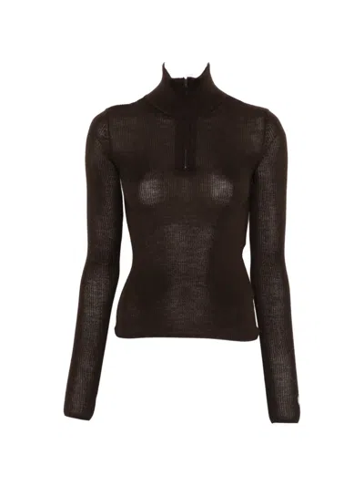 The Frankie Shop Sade Ribbed-knit Quarter-zip Sweater In Brown