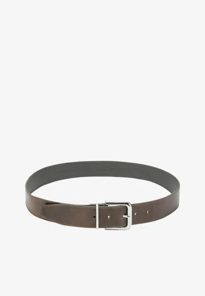 The Frankie Shop Sarno Belt In Smooth Olive Leather With Silver Buckle In Brown