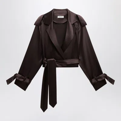 The Frankie Shop Short Simona Trench Coat In Dark Satin In Brown
