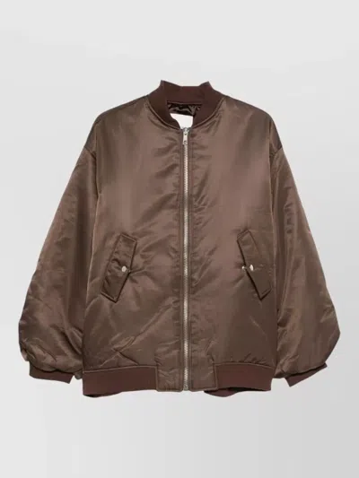 The Frankie Shop Silk Blend Coat Front Pockets Long Sleeves In Brown