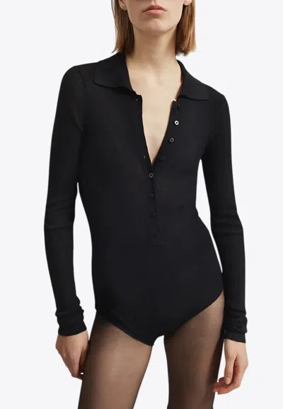 The Frankie Shop Solana Ribbed Knit Polo Bodysuit In Schwarz
