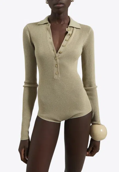 The Frankie Shop Solana Ribbed Knit Polo Bodysuit In Sand