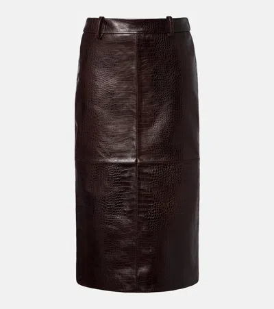 The Frankie Shop Taney Paneled Croc-effect Leather Midi Skirt In Brown