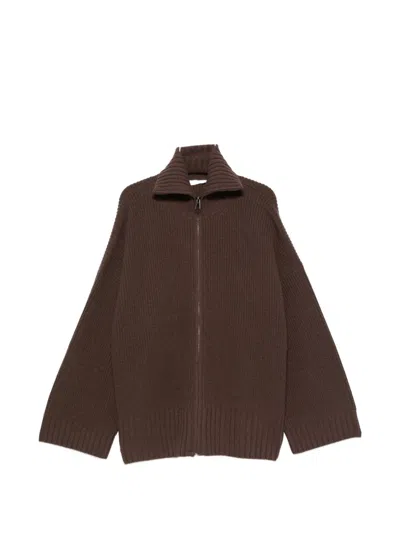 The Frankie Shop Veda Ribbed-knit Zip-fastening Cardigan In Brown