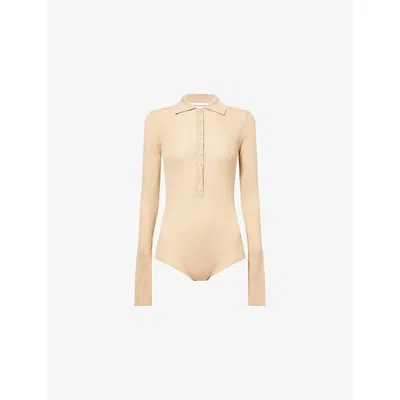The Frankie Shop Womens Beige Solana Polo-collar Wool, Silk And Cashmere Bodysuit