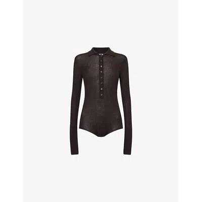 THE FRANKIE SHOP WOMENS BROWN SOLANA RIBBED WOOL, SILK AND CASHMERE POLO BODYSUIT