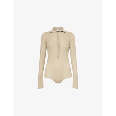 The Frankie Shop Womens Desert Sand Solana Polo-collar Wool, Silk And Cashmere-blend Knit Bodysuit