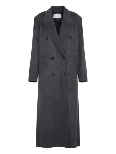 The Frankie Shop Dark Grey Melange Wool Double Breasted Coat In Animal Print