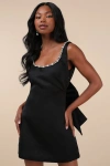 The Frolic Cloe Black Rhinestone Backless Bow Mini Dress In Black