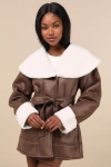 The Frolic Paris Brown And White Oversized Shearling Jacket In White