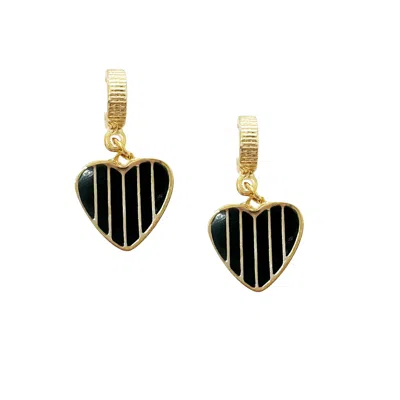 The Gala Women's Gold Black Enamel Striped Heart  Earrings In Multi