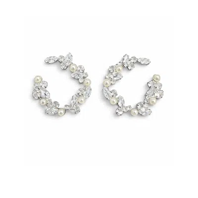 The Gala Women's Silver Crystal And Pearl Open Hoop Earrings