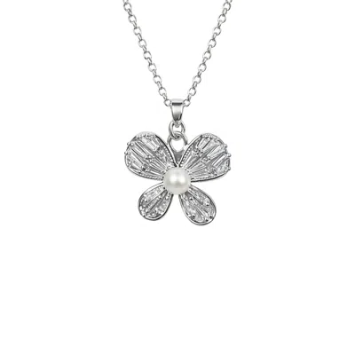 The Gala Women's Silver Crystal Flower Pendant Necklace With Pearl Center