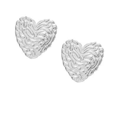 The Gala Women's Silver Embossed Heart Stud Earrings