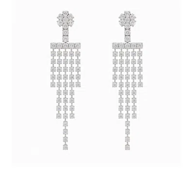 The Gala Women's Silver Floral Bar Fringe Crystal Earrings In White