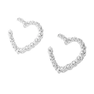 The Gala Women's Silver Frosted Open-heart Huggie Earrings