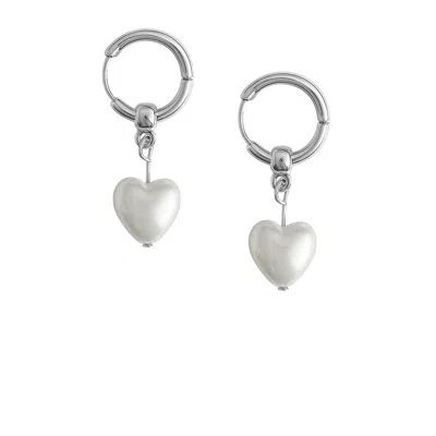The Gala Women's Silver Hoop Pearl Heart Drop Earrings