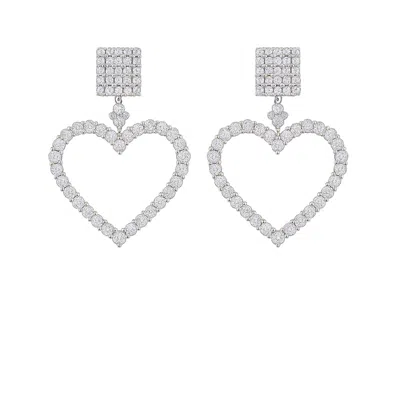 The Gala Women's Silver Open Heart Statement Earrings In White