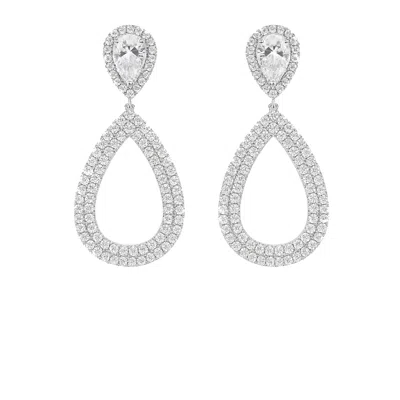 The Gala Women's Silver Pear Halo Open Drop Earrings In White
