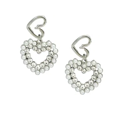 The Gala Women's Silver Pearl-crystal Heart Halo Drop Earrings
