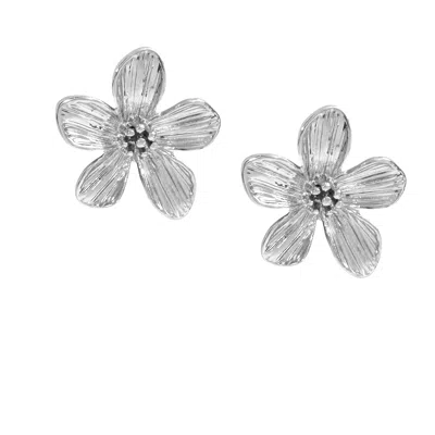 The Gala Women's Silver Textured Flower Statement Stud Earrings In Metallic