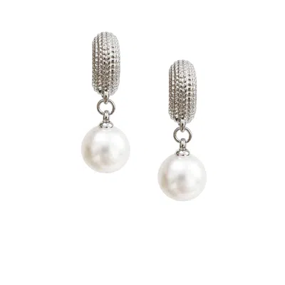 The Gala Women's Silver-tone Textured Hoop Pearl Drop Earrings
