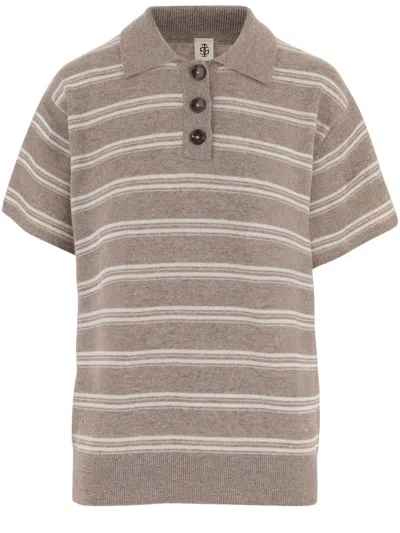 The Garment Beige Striped Wool-cashmere Polo Shirt In Gray