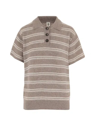 The Garment Beige Striped Wool-cashmere Polo Shirt In Gray