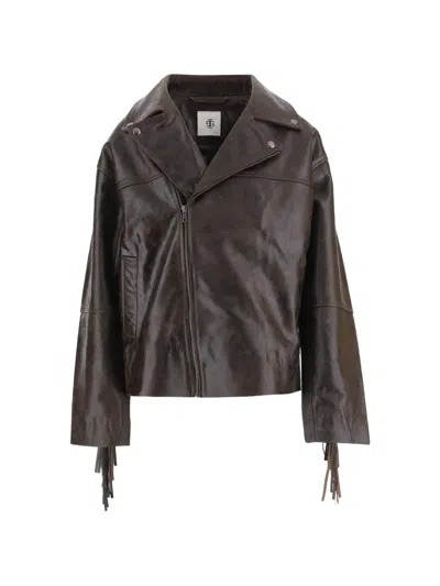 The Garment Fringed Leather Biker Jacket In Brown