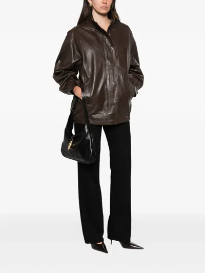 The Garment Leather High-neck Jacket In Brown