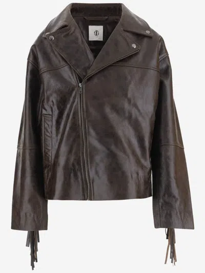 The Garment Fringed Leather Biker Jacket In Brown