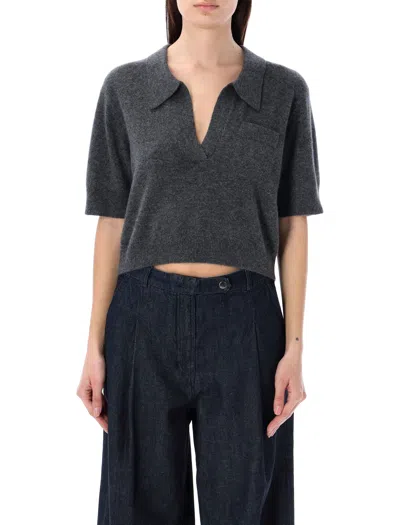The Garment Melange Short Sleeve Knit Polo Neck Top For Women In Grey