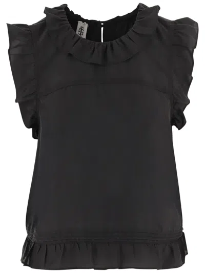 The Garment Silk Top With Round Neckline And Ruffled Edges In Black