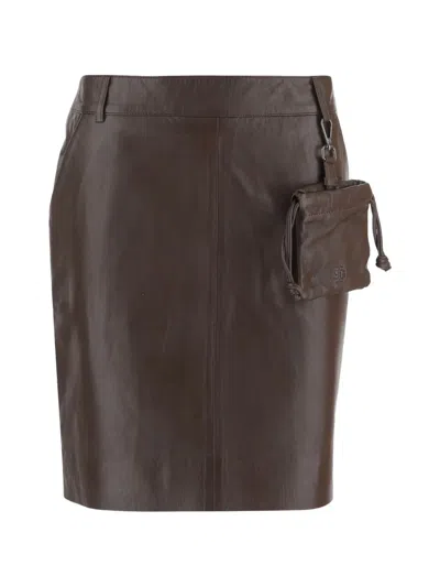 The Garment Soho Detachable-pouch Leather Midi Skirt In Brown