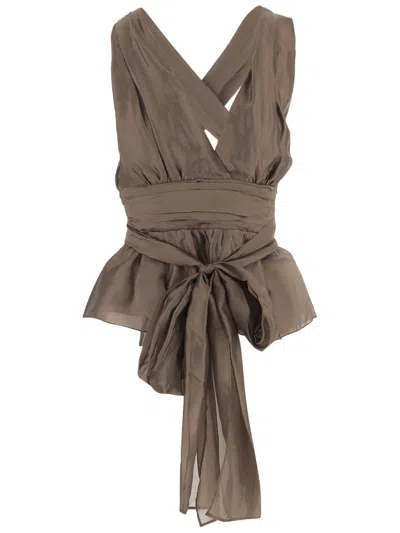 The Garment V-neck Peplum Top With Crossed Back Straps And Front Bow In Brown