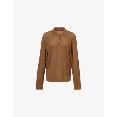 The Garment Womens Olive Madison Long-sleeve Open-knit Woven Polo Top In Green