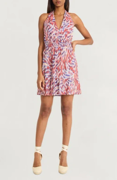 The Good Journey Abstract Print Halter Neck Minidress In Burnt Coral/cinnabar