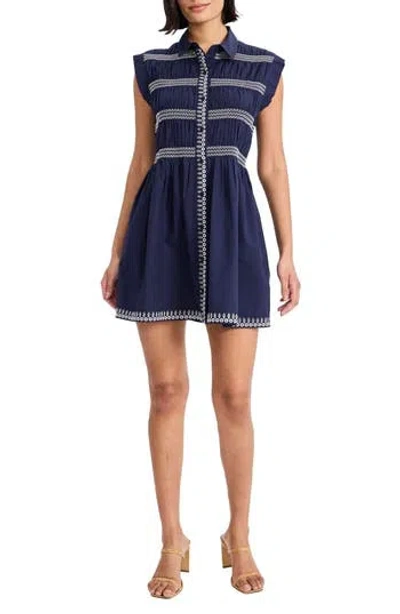 The Good Journey Embroidered Cap Sleeve Cotton Shirtdress In Blue